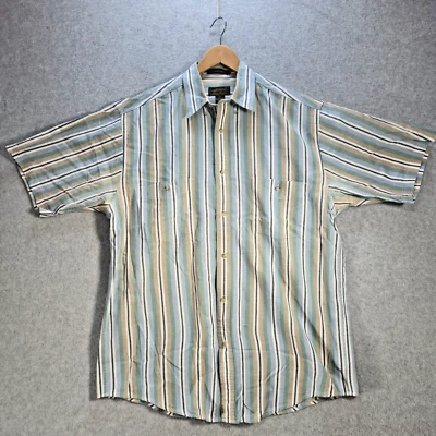 VNTG 90s Eddie Bauer Mens XLT Blue Brown Gold Striped SS Button Shirt - Image 1 of 4