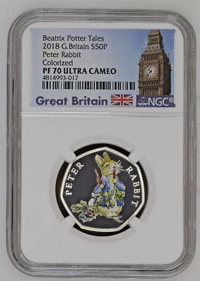 2018 Great Britain 50P Beatrix Potter Peter Rabbit Colorized NGC PF 70 Ultra Cam - Image 1 of 2