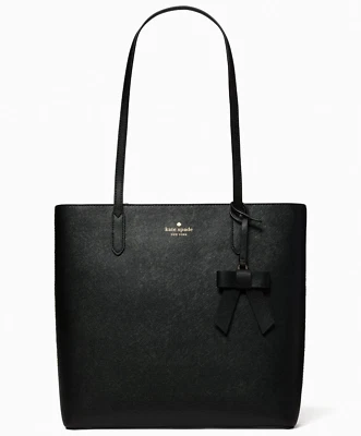 Kate Spade Brynn 大号手提包黑色 Saffiano 包 K5797 蝴蝶结全新带标签钱包 359 美元零售 F — 第 1/4 张图片