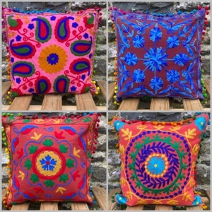 Embroidered Pompom Cushion Covers – Gypsy Boho Hippie Ethnic Nomads Wales - Picture 1 of 14