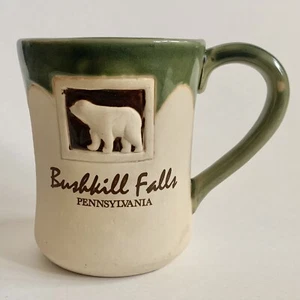 Bushkill Falls PA Pennsylvania Souvenir Mug 15 Oz Bear Stoneware Green Cream - Picture 1 of 9