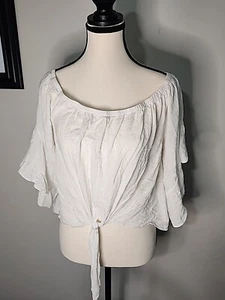 Elan Damen Top Bluse schulterfrei weiß sehr leichtes Crop Shirt Gr. L - Bild 1 von 7