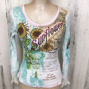 Vanilla Sugar Top M Ornate Floral V-neck Blouse Rhinestone Sunflower Long Sleeve - Picture 1 of 6