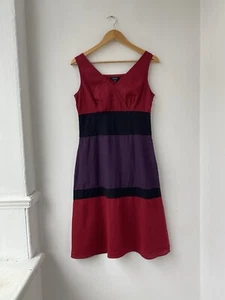 Vintage Linea Red Black Purple 100% Linen Colour Block Dress Size 10 - Picture 1 of 10