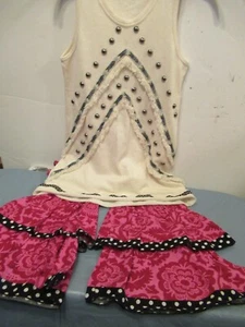 L) Girls Size 9-10 2 Piece Set Long Ruffled Pants Pink Plaid and Off White Stud - Picture 1 of 14