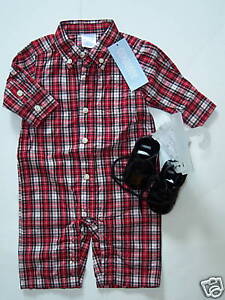 NWT Gymboree Holiday Pictures 0-3 Months Red Plaid Romper & Black Shoes 01