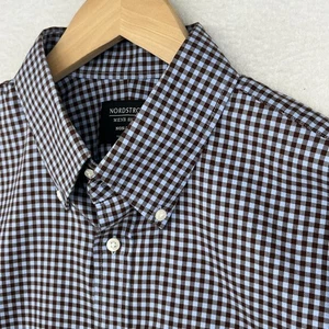NORDSTROM Shirt Mens 16.5 33 Non Iron Dress Shepherd Check Twill Cotton Brown - Picture 1 of 16
