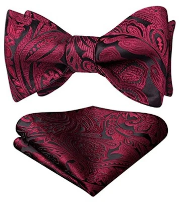  Men's Bow Ties Self Tie Woven Satin Pocket Squares Set Burgundy Paisley-4 - Image 1 of 4