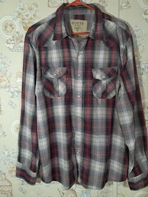Guess Mens XLarge Red Plaid Pearl Snap Long Sleeve Pockets Western Cowboy - Image 1 of 4