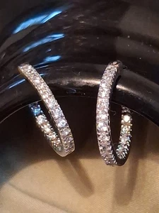 Womans In/Out Rheinstone Sterling Silver Stamped 925 Hoop Earrings Medium Size - Picture 1 of 24
