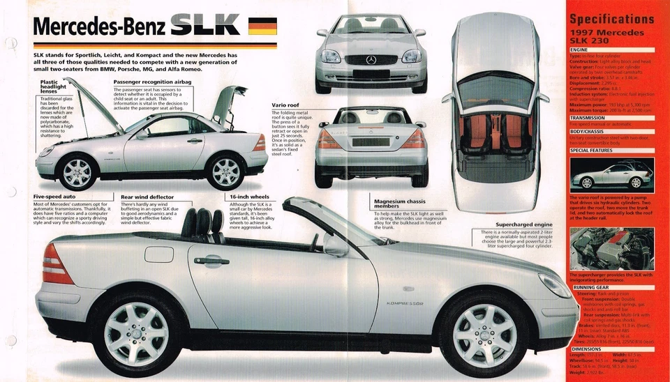 MERCEDES-BENZ SLK 1996/1997 HOJA DE ESPECIFICACIONES/FOLLETO/CATÁLOGO Foto 1 de 2