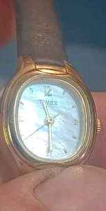Timex CR 1216 Cell MOP Face Brown Leather Band Quartz Ladies Watch Sz 7 1/2" - Picture 1 of 6