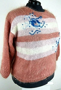 Maglione Angora Vintage 1X 2X Maglia a Mano Rosa Rigato Bianco Più Morbido Senza Etichetta - Foto 1 di 5