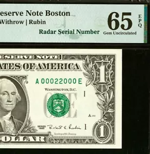 1995 $1 Boston FRN PMG 65EPQ rare birthday super radar serial number 00022000 - Picture 1 of 3