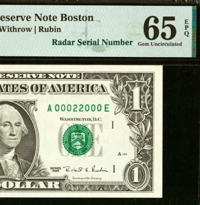 1995 $1 Boston FRN PMG 65EPQ rare birthday super radar serial number 00022000 - Image 1 of 3