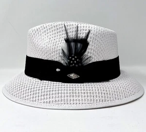 Whittier Viejo Lowrider Fedora Strohhut Herren weiß mit schwarzer & weißer Feder - Bild 1 von 5