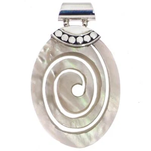 925 Silver White Hand Carving Mother Of Pearl Shell Sterling Pendant, 1 5/8" - Picture 1 of 3