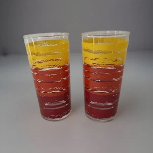 Vintage MCM Glasses Set 2 Collins Highball Stripe Drinking Red Yellow Orange 60s - Picture 1 of 12