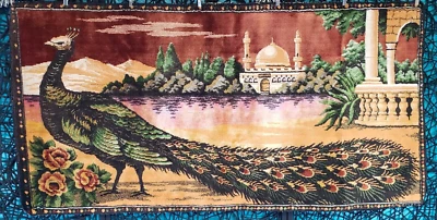 VTG P.T.C. Tapestry Peacock Wall Rug MCM  38.5" x 19.5" VELVET MADE IN LEBANON - Image 1 of 4