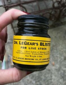 Vintage JAR BOTTLE DR  LEGEAR'S LIVESTOCK BLISTER St Louis MO