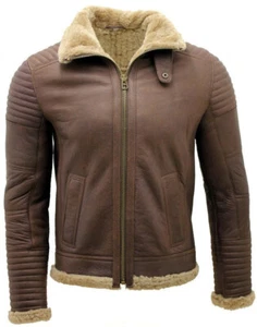 Herren Lammfell Braun Bomber Fell Echt Lammfell Flieger Geniune Lederjacke - Bild 1 von 5
