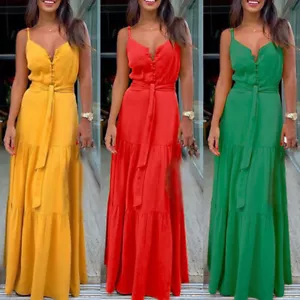 Women Sleeveless Long Maxi Dress Summer Party V Neck Cami Dresses Beach Sundress - Picture 1 of 21