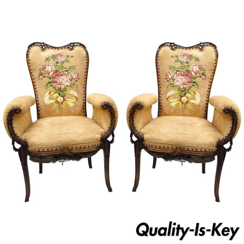 Pair of Carved Mahogany French Hollywood Regency Fireside Chairs Grosfeld House Cover