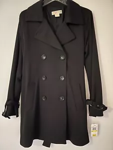 Michael Kors WovenTrench Coat Women M Black Poly/Blend Dble Breasted Button Dwn - Picture 1 of 22