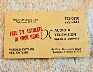 VINTAGE VISITENKARTE KOTLER AUDIO & FERNSEHER TAMARAC FLORIDA 722-0230 - Bild 1 von 4