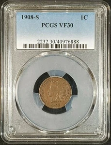 1908 S Indian Head Cent PCGS VF30 2232.30/40976888 Exquisite Coin Rare - Picture 1 of 11