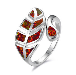 Exquisite Red Simulated Opal Leaves Ring Silver Wedding Jewelry Gift Adjustable