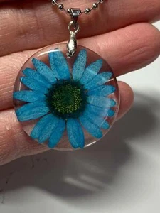 Blaues Gänseblümchen echte Blume Anhänger Silber D-907 - Bild 1 von 3