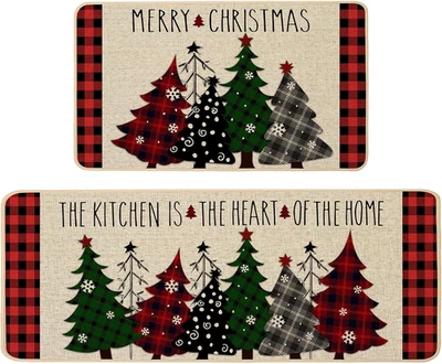 Christmas Kitchen Rugs Set 2 Red Buffalo Plaid Xmas Tree Non-Slip 17x29 & 17x47 - Image 1 of 4