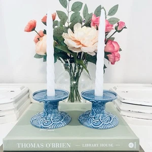 Vtg Bordallo Pinheiro Flowers Blue SET of 2 Majolica Taper Candlestick Holders - Picture 1 of 5