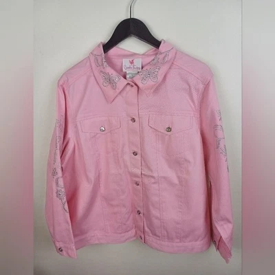 NWT Quacker Factory Stretch Denim Stud Stones Jean Jacket Jeanne Pink  1X A6345 - Image 1 of 4