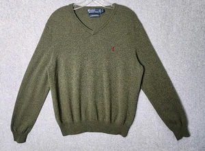 Polo Ralph Lauren Pullover Herren Large Grün Einfarbig V-Ausschnitt Merinowolle Braun Pony - Bild 1 von 5
