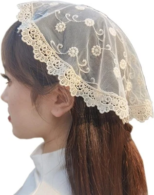 Mantilla de encaje velo cabeza redonda cubiertas para iglesia capilla flor beige  Foto 1 de 4