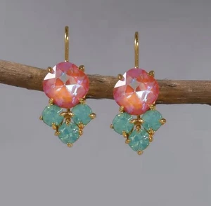 Anthropologie Earrings Orange Mint CZ Pink Gold Dangle Boho Iridescent Coral - Picture 1 of 6