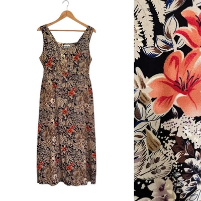 Винтажный 90-х делает 40-х Robbie Bee на пуговицах макси платье Sz 10 тропический цветочный - Изображение 1 из 4