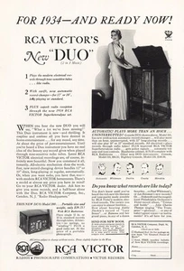 1934 RCA Victor Duo: Plays More Than an Hour Uninterrupted Vintage Print Ad - Picture 1 of 1