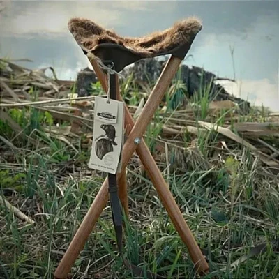Folding Wooden Hunting Stool with Real Beaver Fur Seat - Image 1 of 4