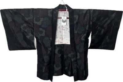 Японская женская куртка хаори, темно-сливовая и бирюзовая с цветочным рисунком шелковая смесь, подкладка сакура - Изображение 1 из 4