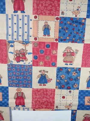 Fabric Erlanger Ragtime Rag Dolls Squares Beige/Red/Blue 24" x 45" - Image 1 of 4