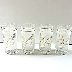 Vintage Set of 4 Covetro Italian 1960s Frosted Glass Tumblers Gold Wheat Design - Picture 1 of 10