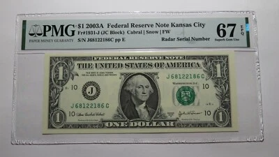 $1 2003 Radar Serial Number Federal Reserve Currency Bank Note Bill PMG UNC67EPQ - Image 1 of 3