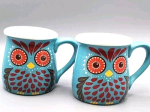Kitschy Owls MCM Estilo Búho Azul Tazas Café/Sopa Diseño General Set 2 De Gran Tamaño - Imagen 1 de 10