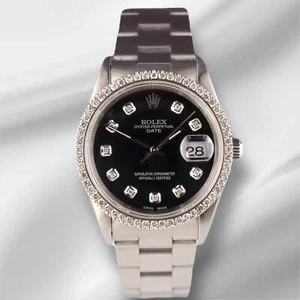 Rolex Date 34mm Ladies 1.5ct Prong Black Diamond Dial Steel Watch 15000 - Picture 1 of 11