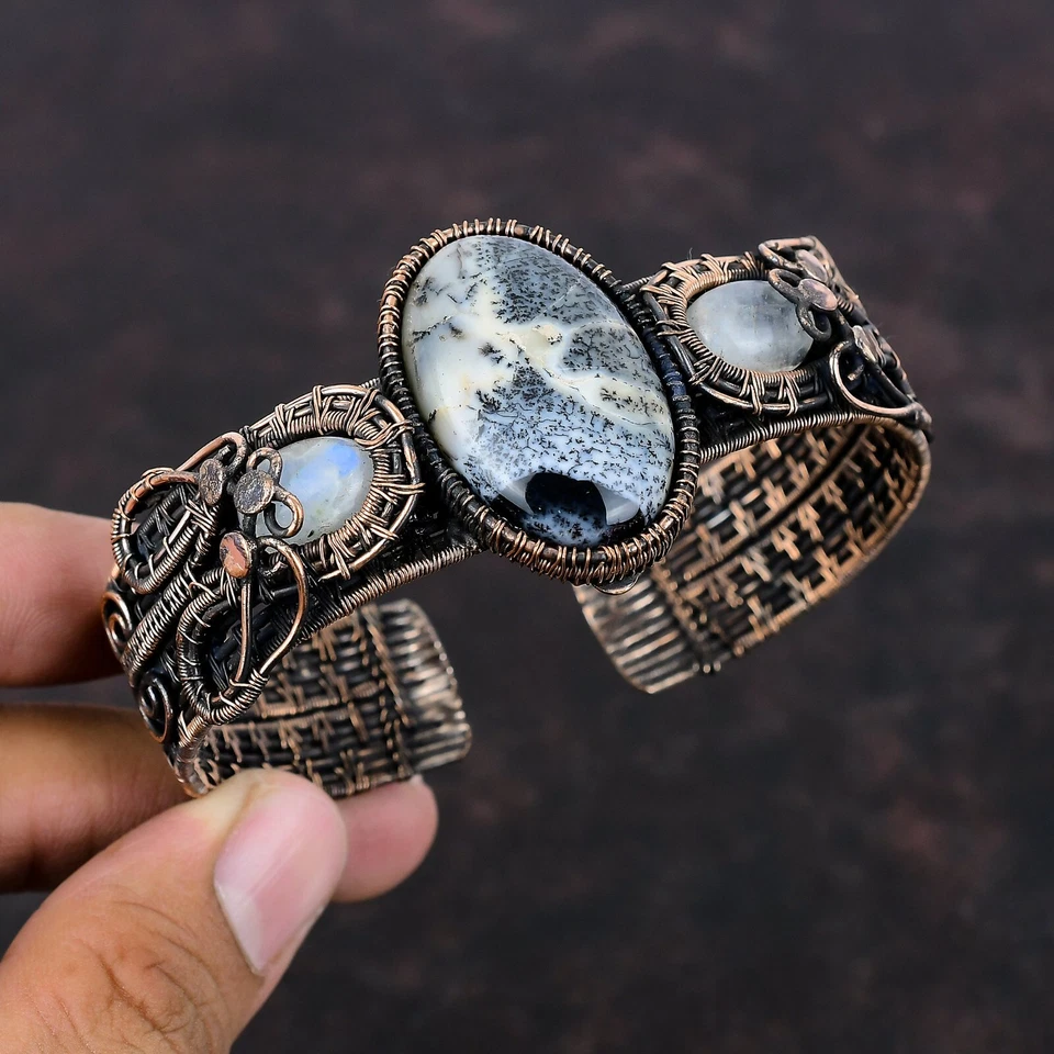 Дендритовый опал проволока обернутый регулируемый браслет ручной работы медь этнический подарок - Изображение 1 из 4