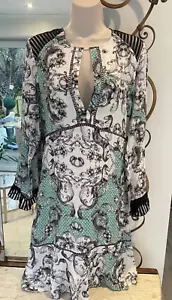 Just Cavalli dress keyhole front chiffon ruffles green white new - Picture 1 of 12