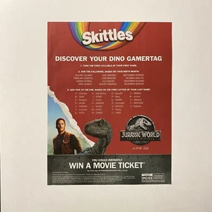 Jurassic World Skittles Candy Dinosaur Promotional 2018 Print Ad - Picture 1 of 2